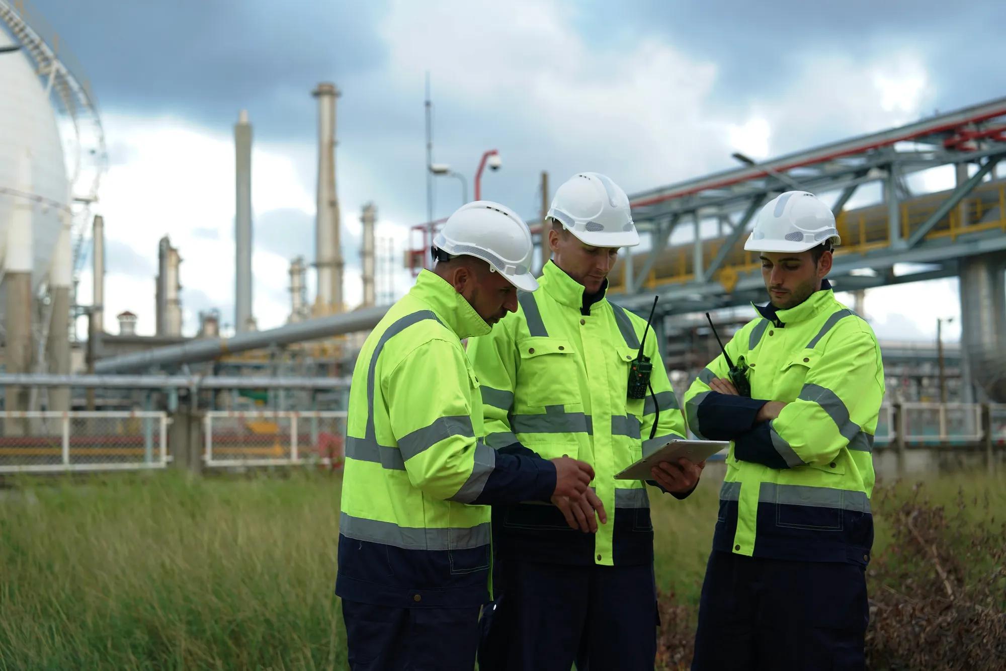 Three workers wearing safety gear standing in front of an oil and gas refinery, symbolizing critical infrastructure security and workforce protection in the energy industry.