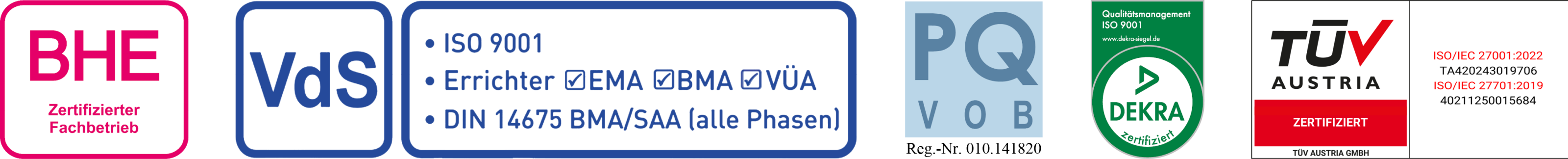 Securitas Technology, Deutschland, Errichter, Fachunternehmen, Zertifikate, Zertifizierungen, BHE, VdS, PQ VOB, DEKRA, TÜV Austria ISO 27001 27701 9001