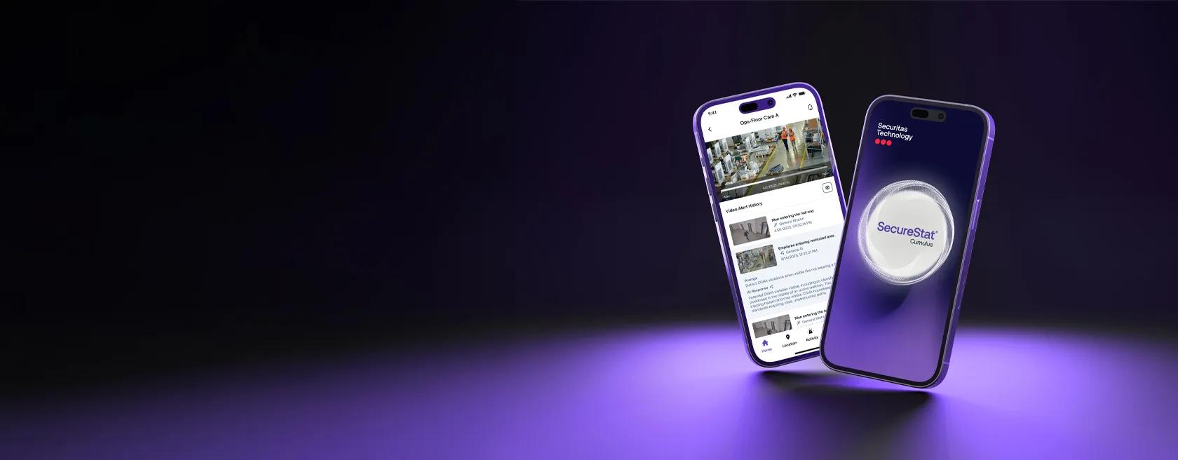 Smartphone screen showing the SecureStat Cumulus AI Cloud Video Surveillance platform used to monitor live camera footage