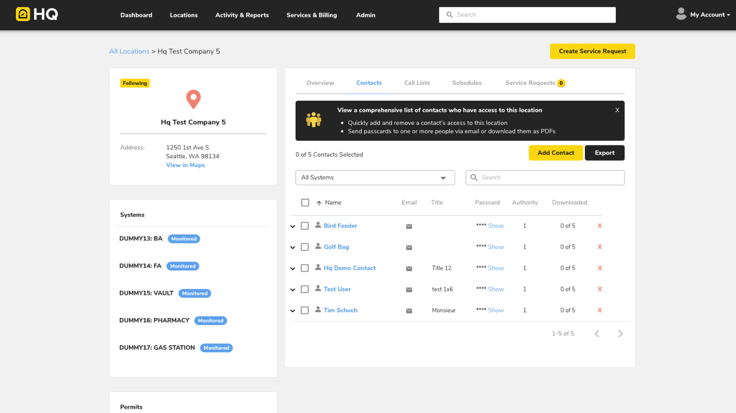 Access management screen in HQ software