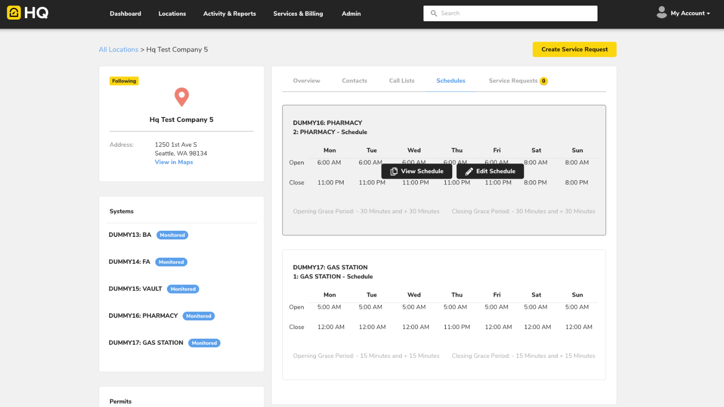 Schedule interface of HQ software