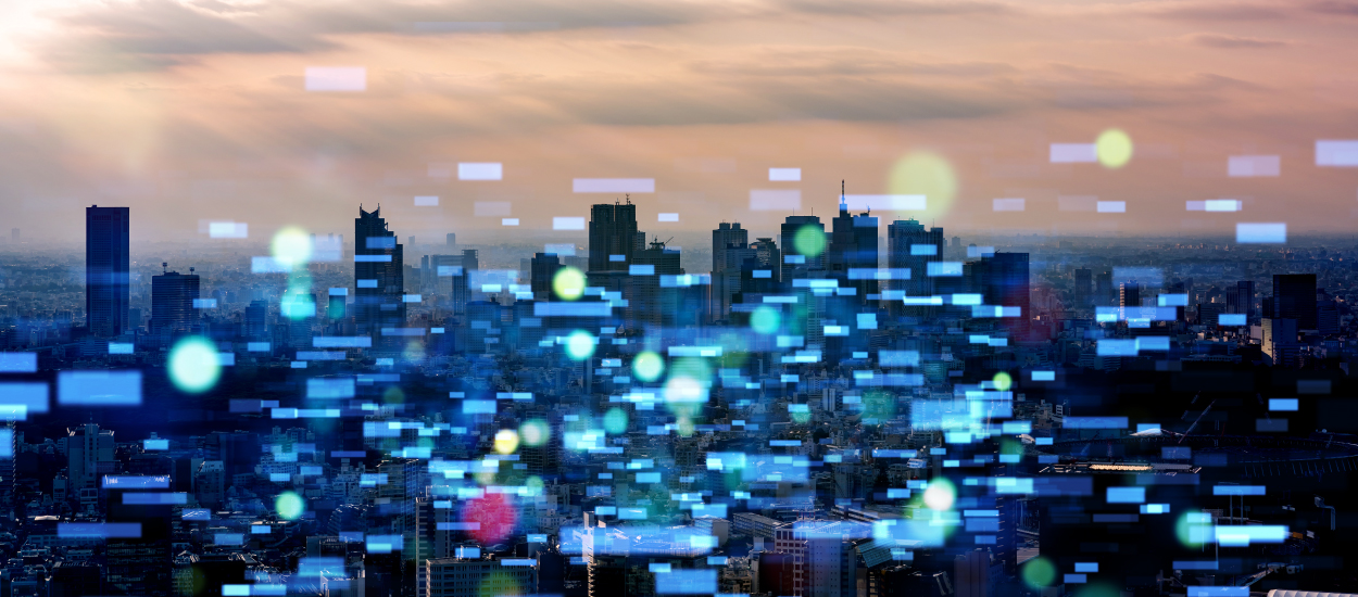 Artistic image of city skyline with graphic overlay