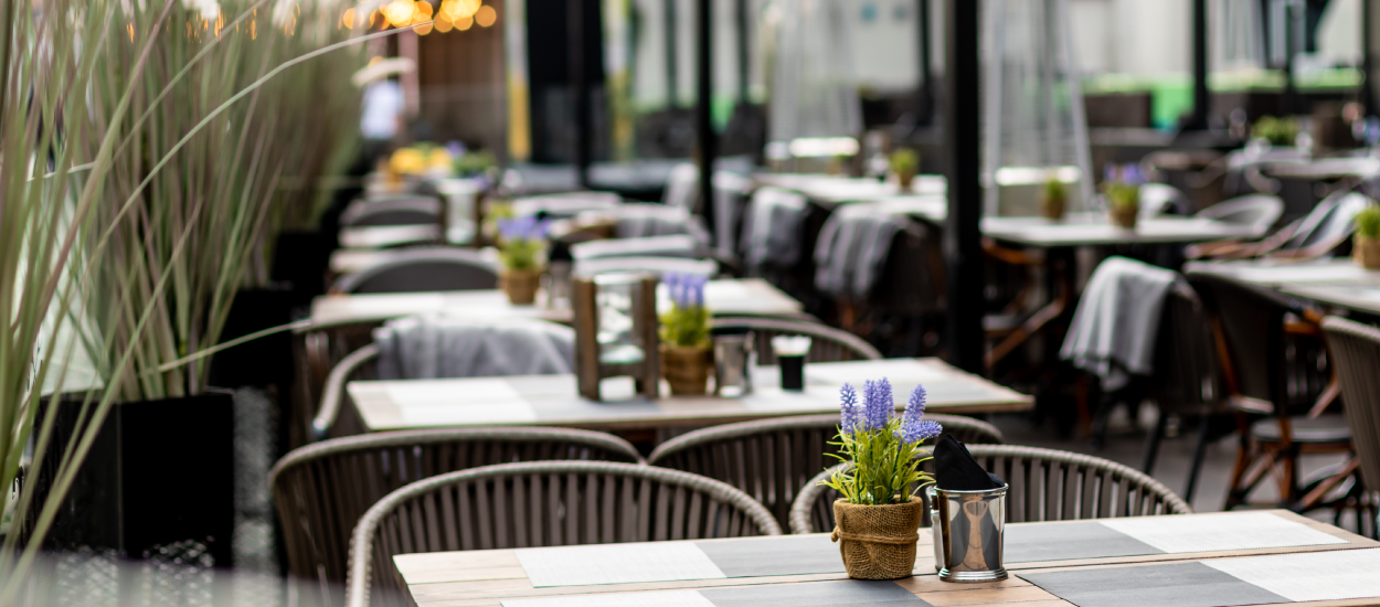 A photo of an empty restaurant with metal chairs and lavender on every table. 