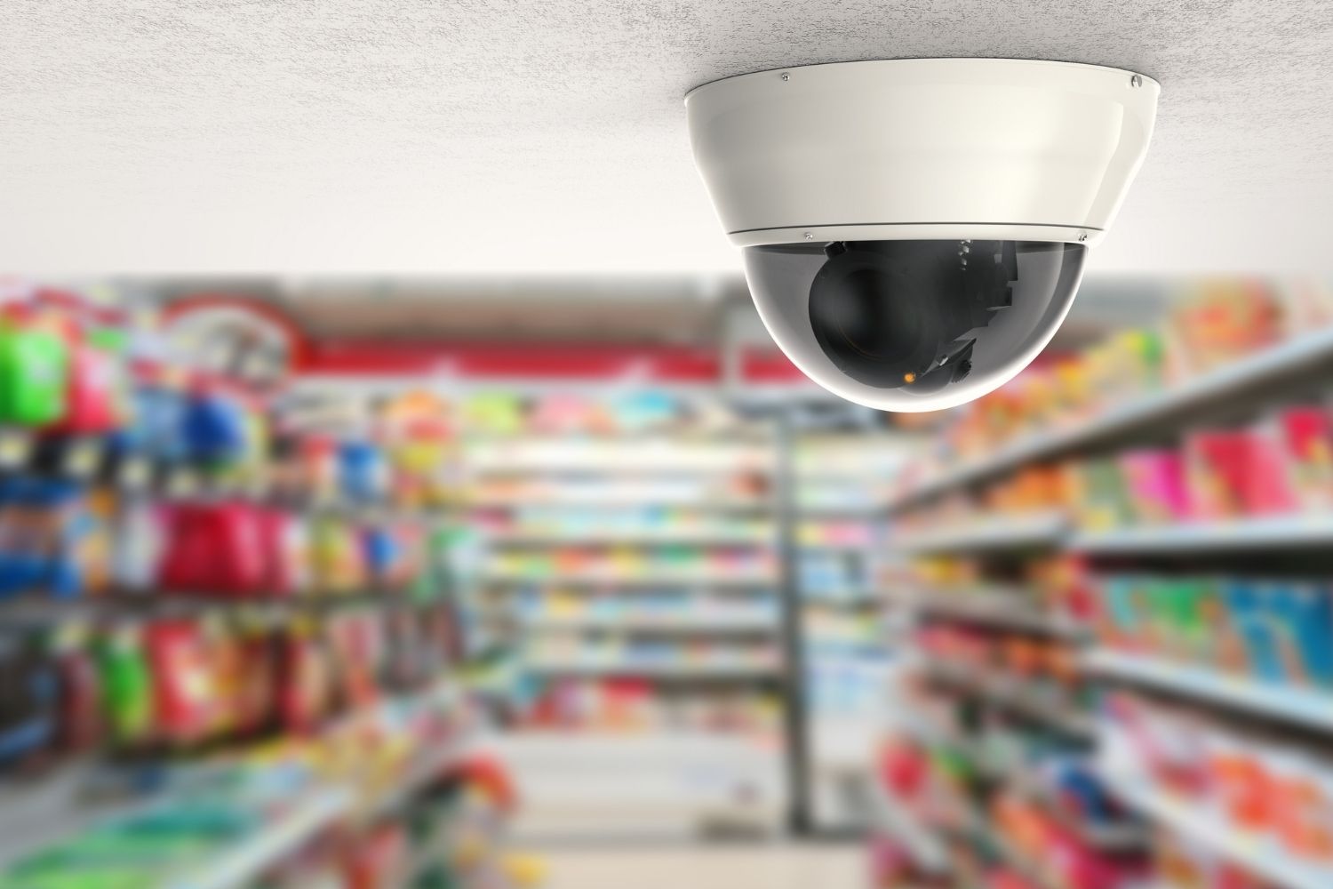 Domed security camera on ceiling of convenience store