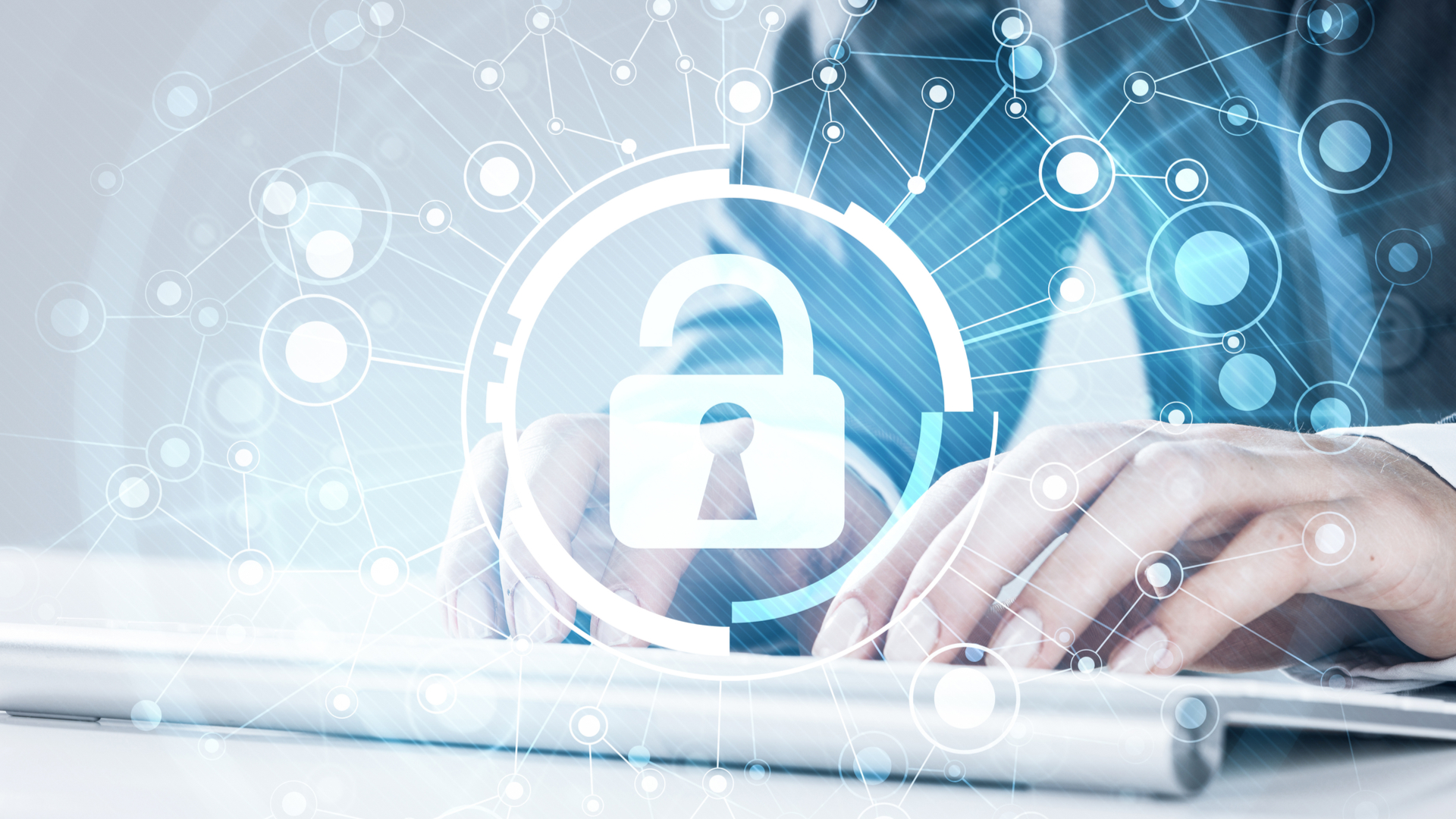 Hands typing on keyboard with lock graphic overlay