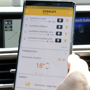 STANLEY security app on mobile device with human hand