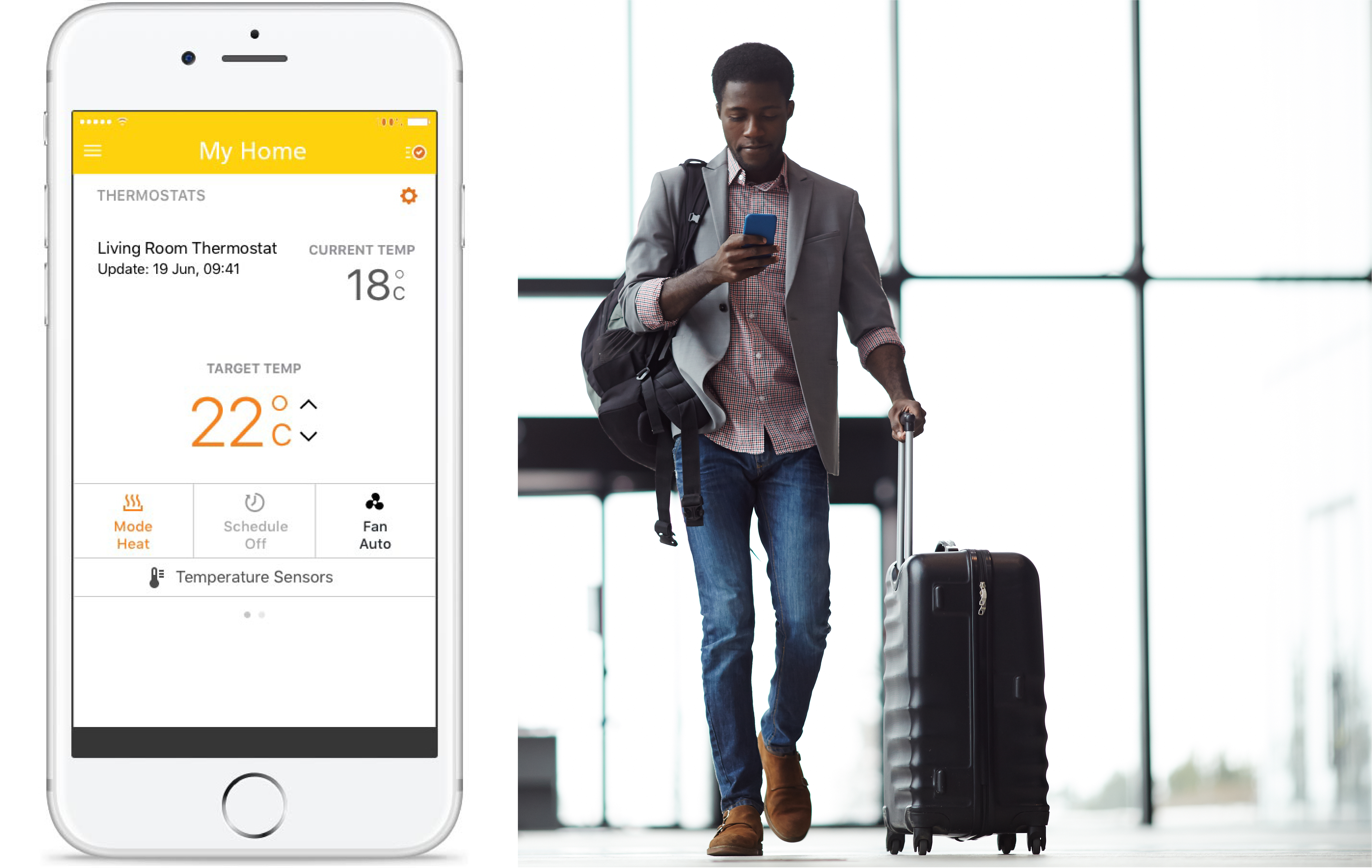 Smart thermostat information on phone screen. Man walks suitcase through airport.