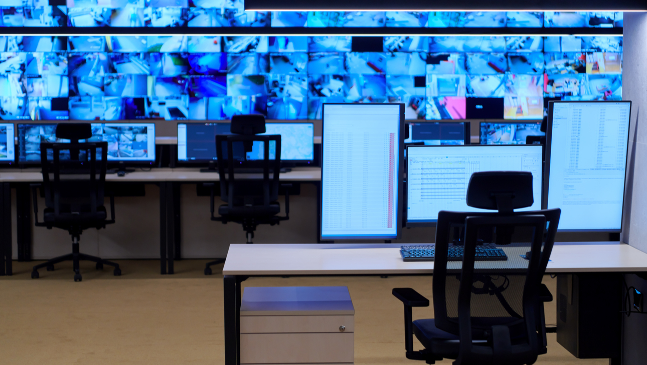 Empty interior of big modern security system control room