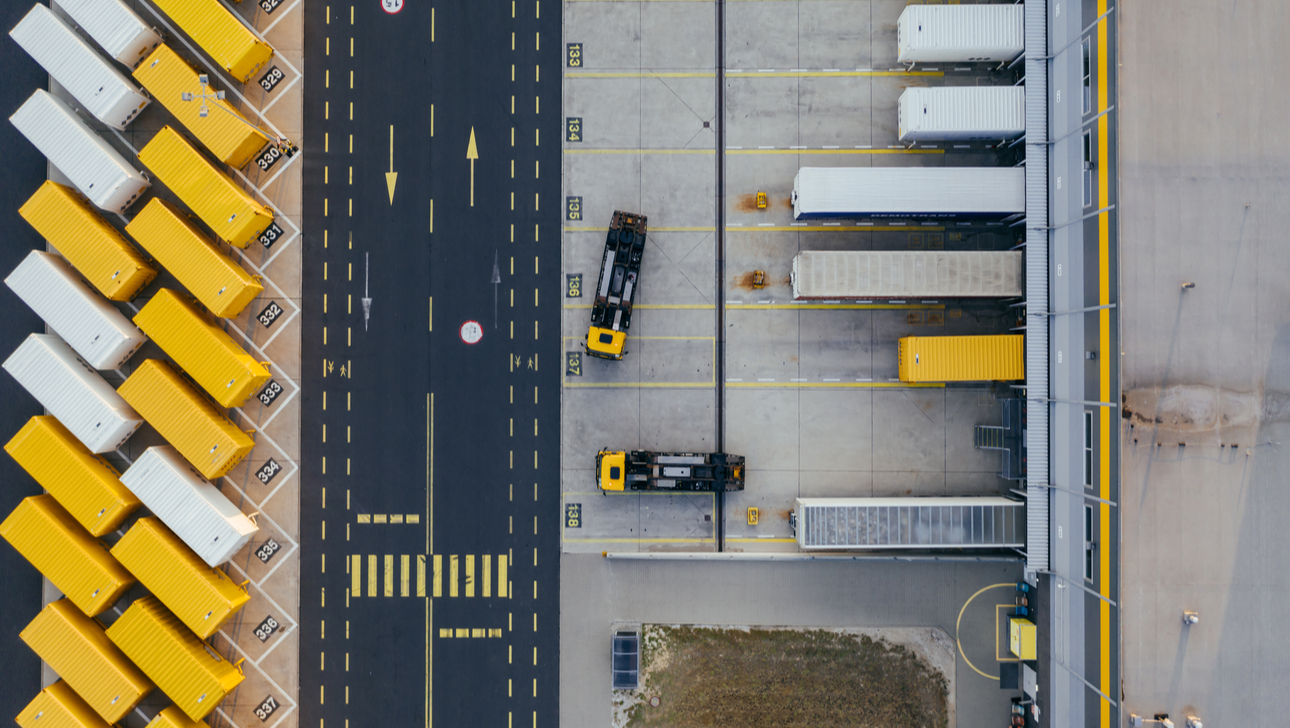 Aerial view of the distribution center drone photography of the industrial logistic zone