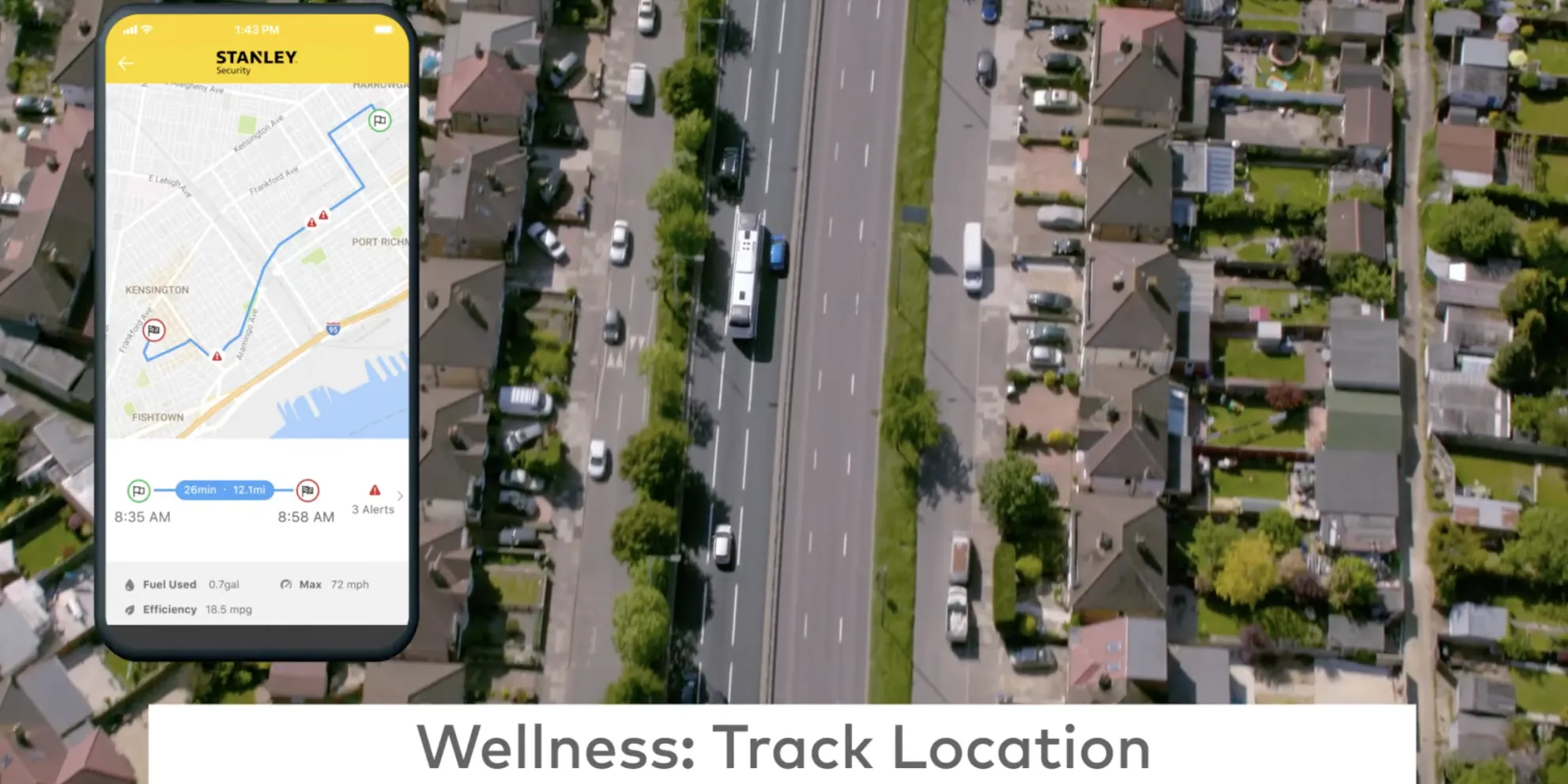 car tracking with app on mobile device and screen shot over neighborhood overivew
