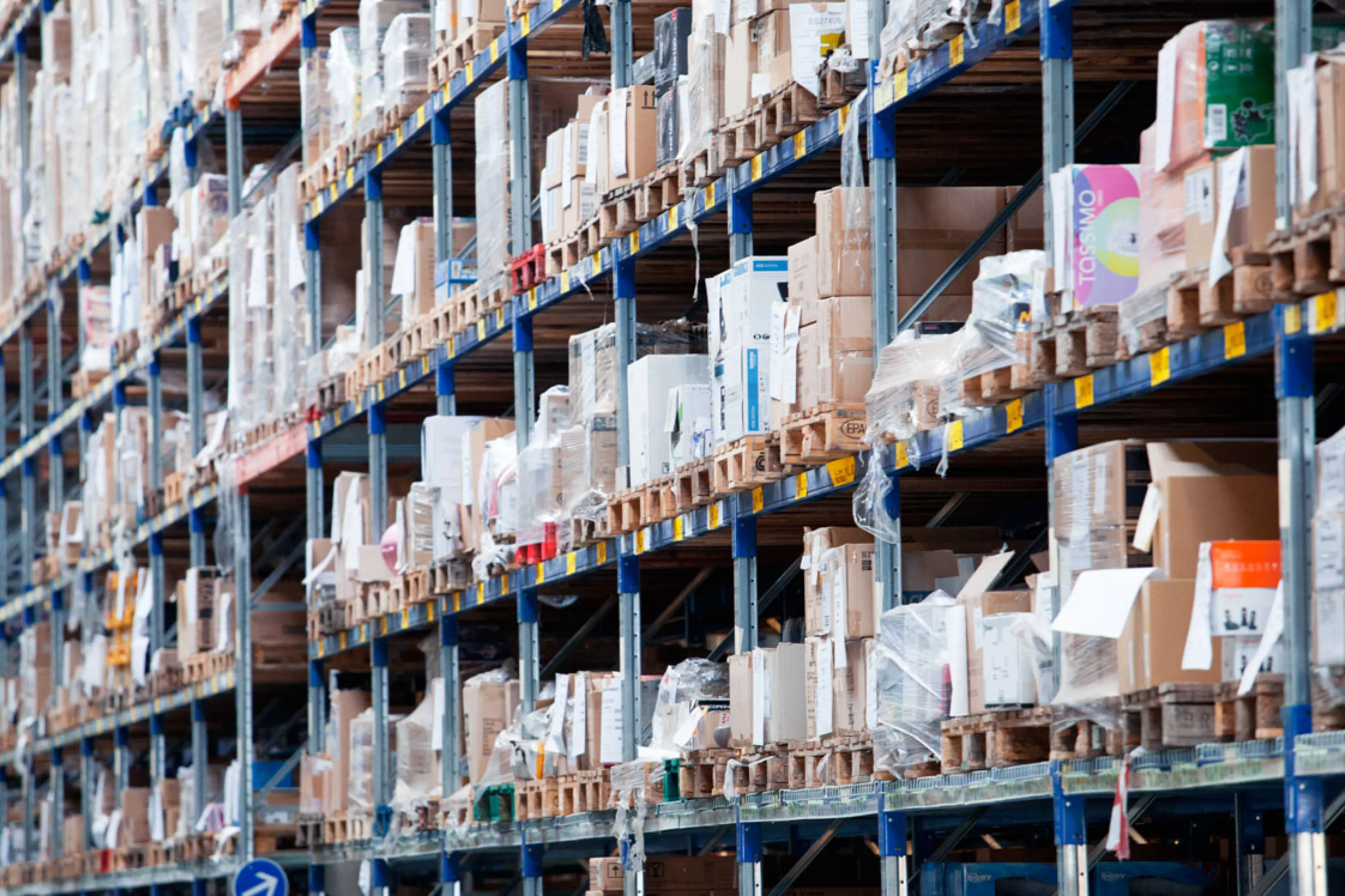 Shelf of boxes in warehouse