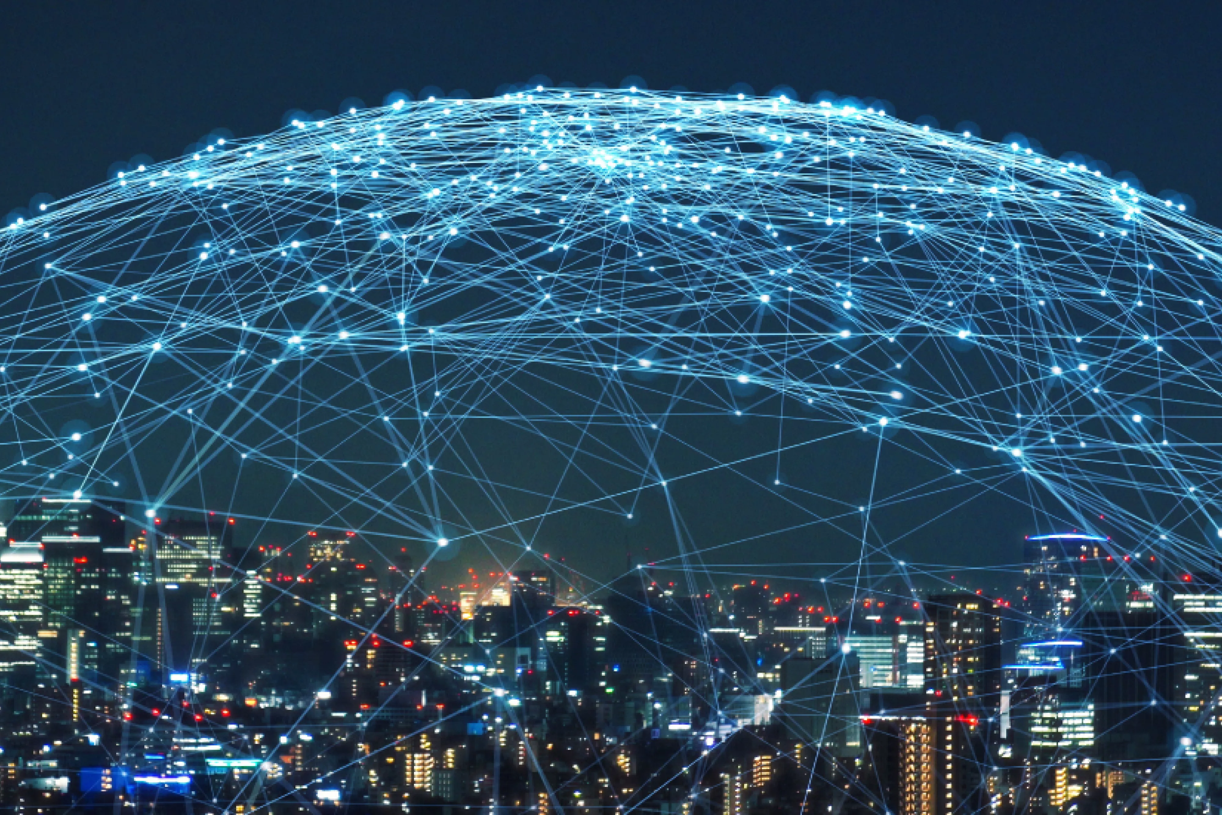 A blue cyber-net above a city
