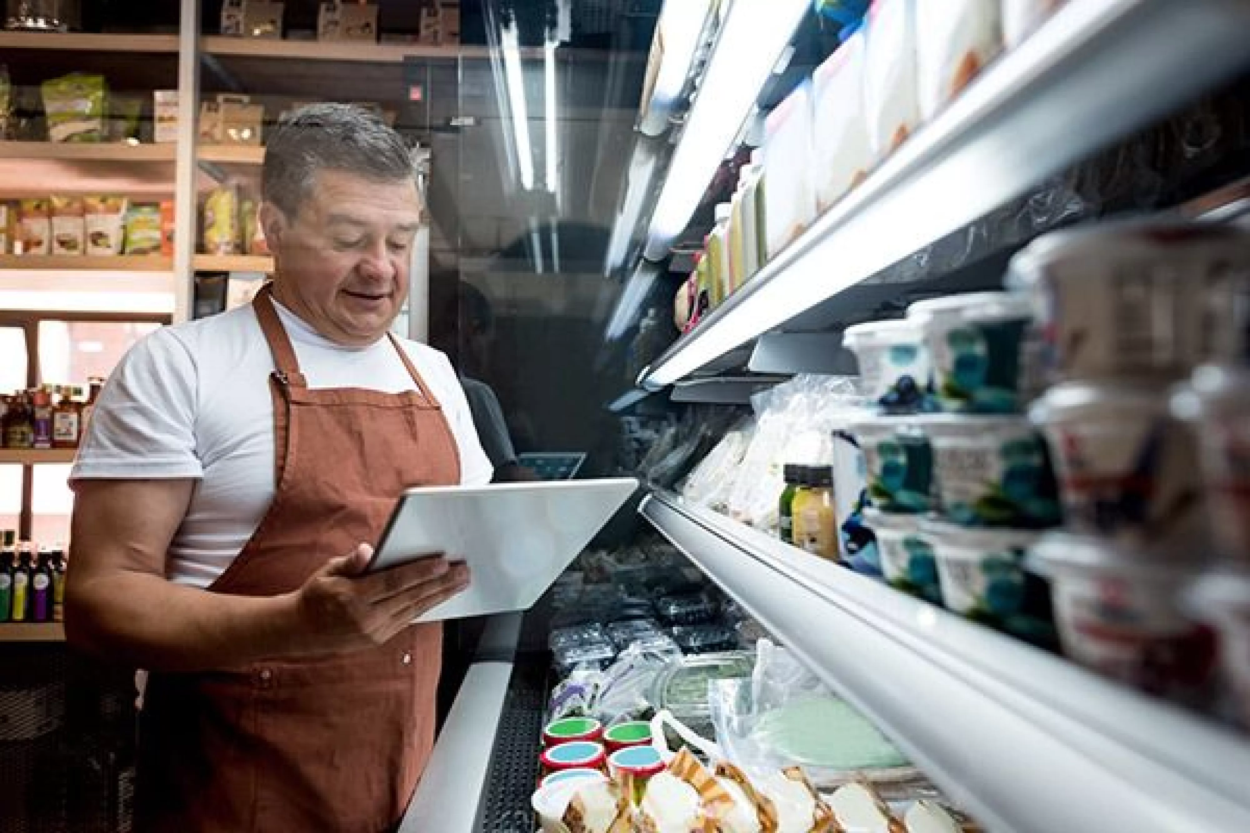 Small grocery owner with tablet