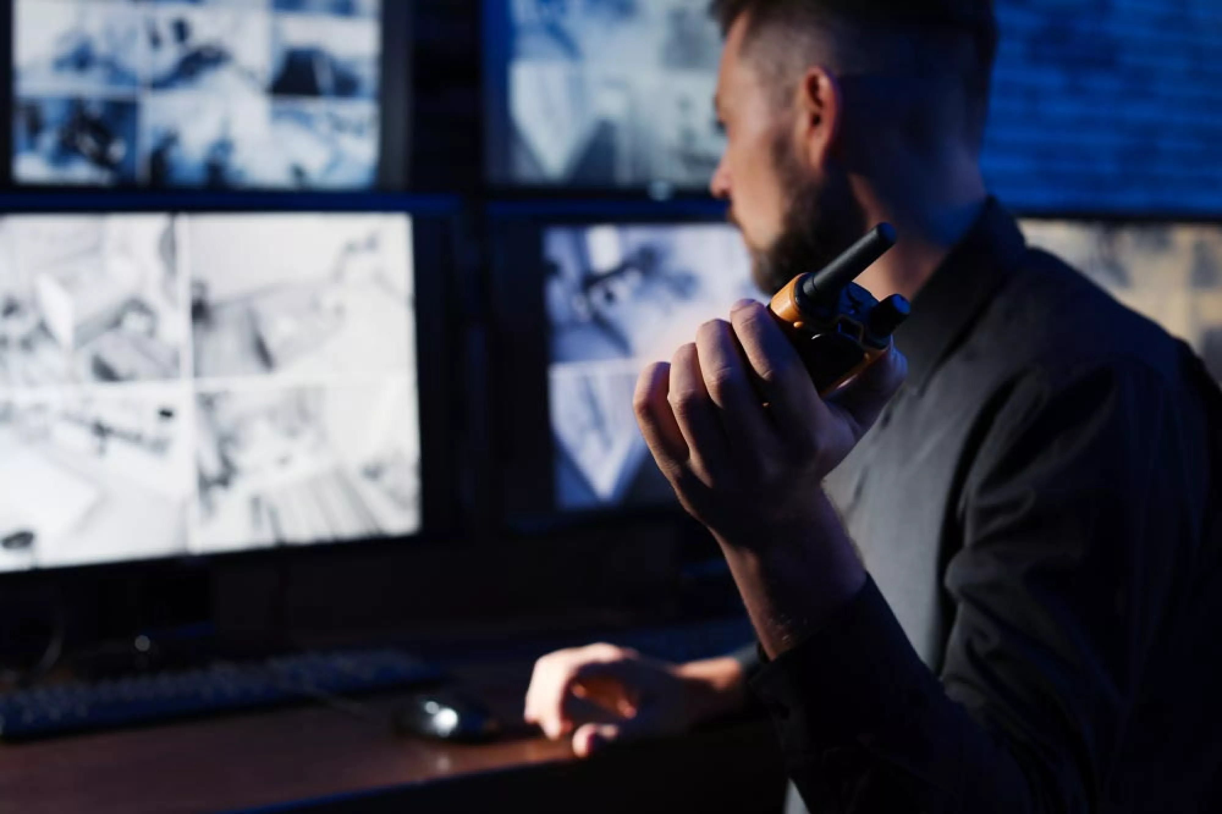 Man monitors video feeds