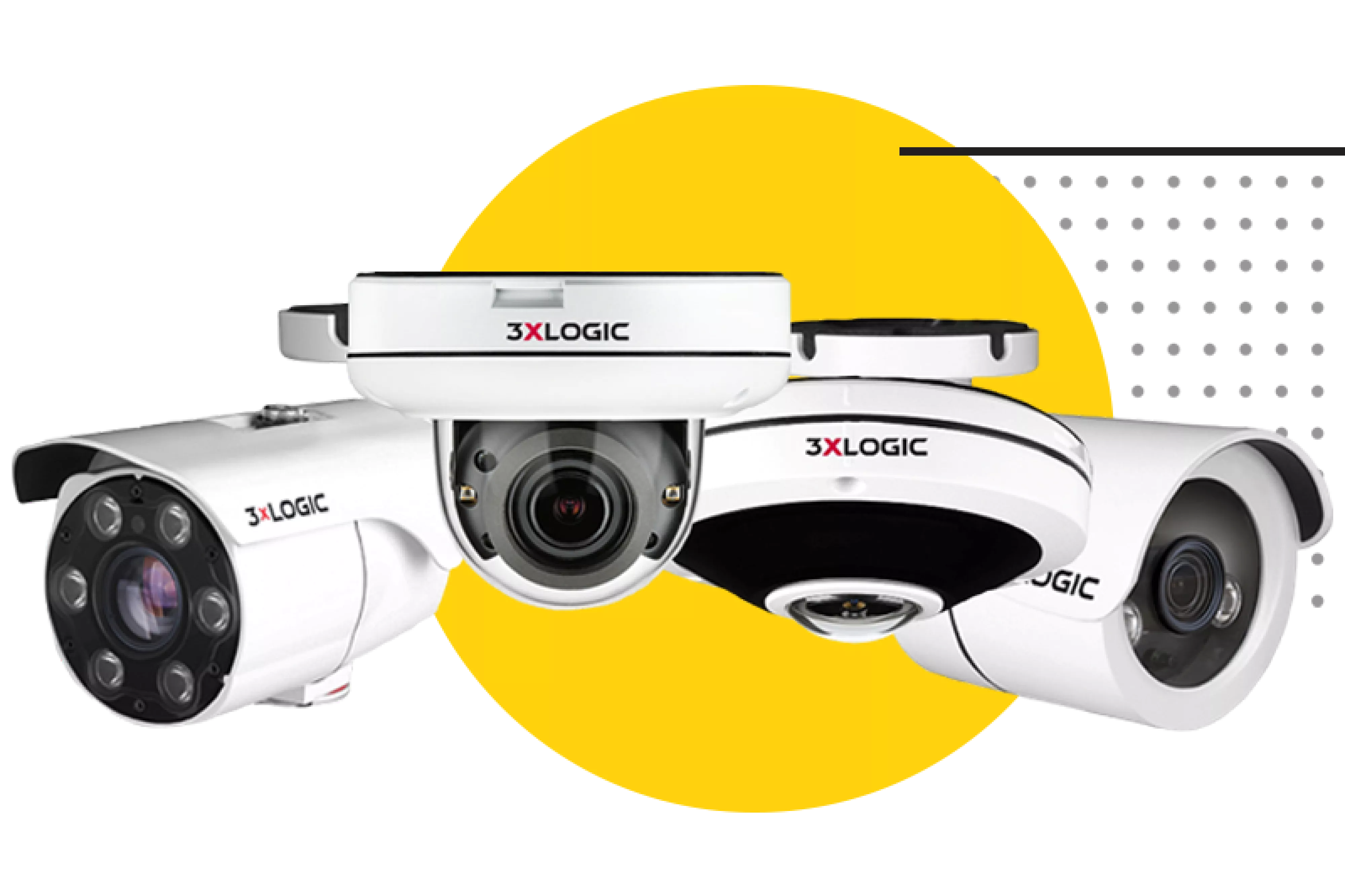 Four 3xLOGIC cameras with yellow circle graphic behind them