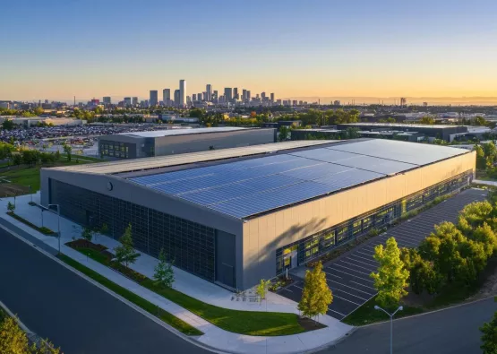 Aerial view of modern data center facility exterior, with solar panels on the roof and green space around it. The building is large in size, featuring sleek grey metal cladding and glass windows that showcase its interior tech equipment. In front of the structure stands an empty parking lot surrounded by trees, while the background shows other buildings and the city skyline under clear blue skies during golden hour. --ar 3:2 --quality 2 --v 6.1 Job ID: dcb08744-a35a-47be-bf95-20bc2b7a7922