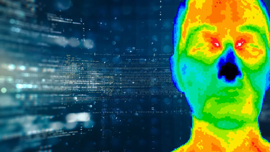 Heatmap of person in front of stylized code