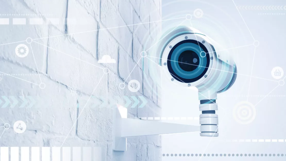 Security camera with blue graphic overlay