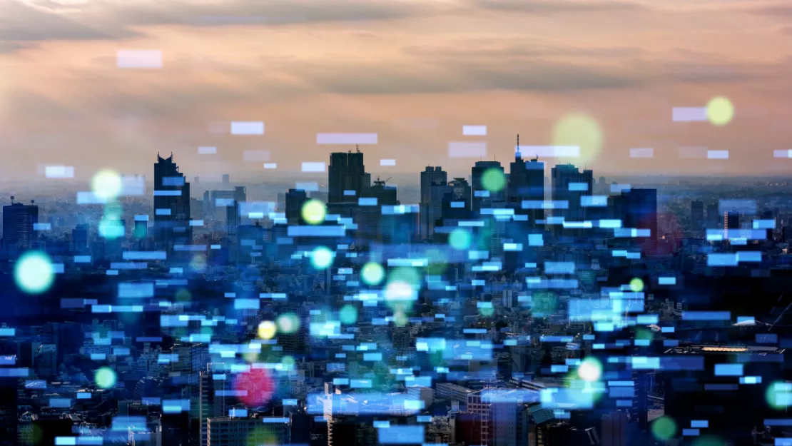 Artistic image of city skyline with graphic overlay