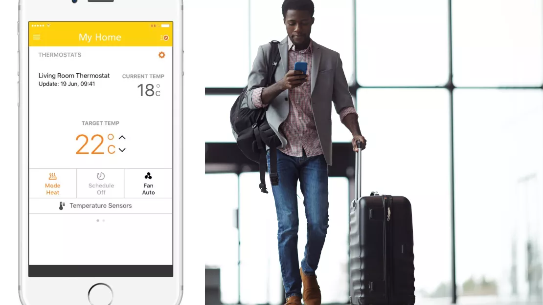 Smart thermostat information on phone screen. Man walks suitcase through airport.