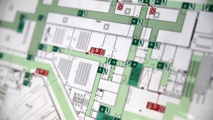 macro crop shot of evacuation plan with emergency exits