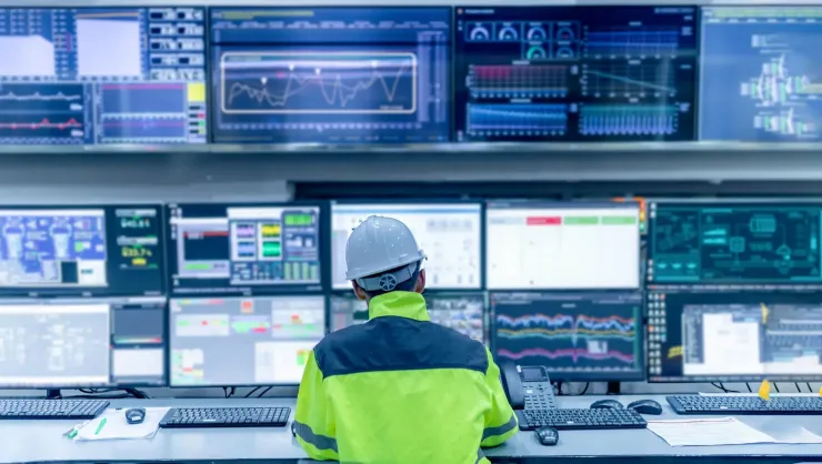 Technician monitoring control room technology to enhance energy security for critical infrastructure.