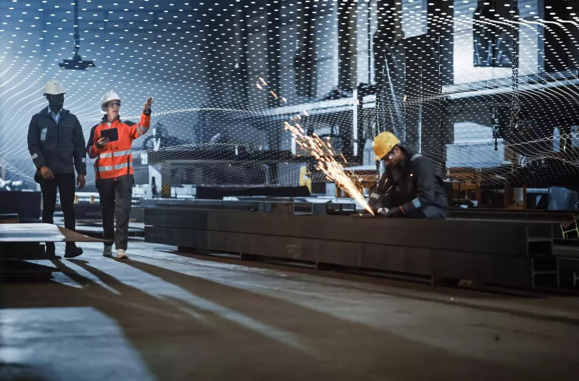 Two Heavy Industry Engineers Walk in Steel Factory, Use Tablet and Discuss Work. Industrial Worker Uses Angle Grinder in the Background. Black African American Specialist Talks to Female Technician.