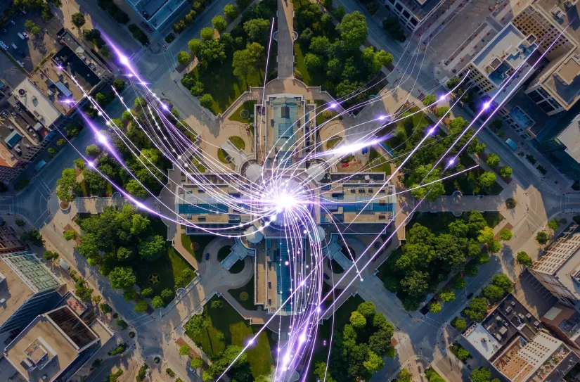A digital technology overlay on a cityscape, highlighting key global security trends with data points, cybersecurity measures, and smart city solutions.