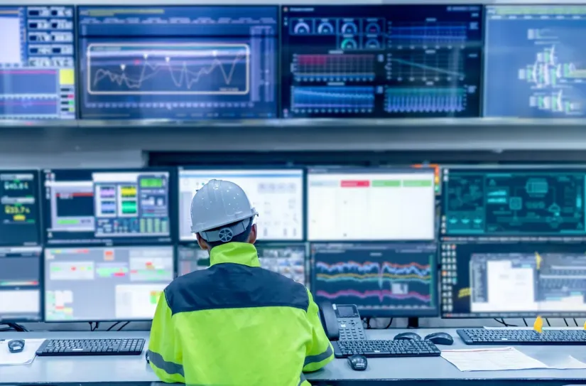Technician monitoring control room technology to enhance energy security for critical infrastructure.