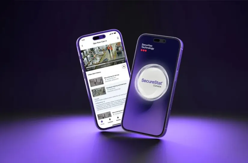 Smartphone screen showing the SecureStat Cumulus AI Cloud Video Surveillance platform used to monitor live camera footage