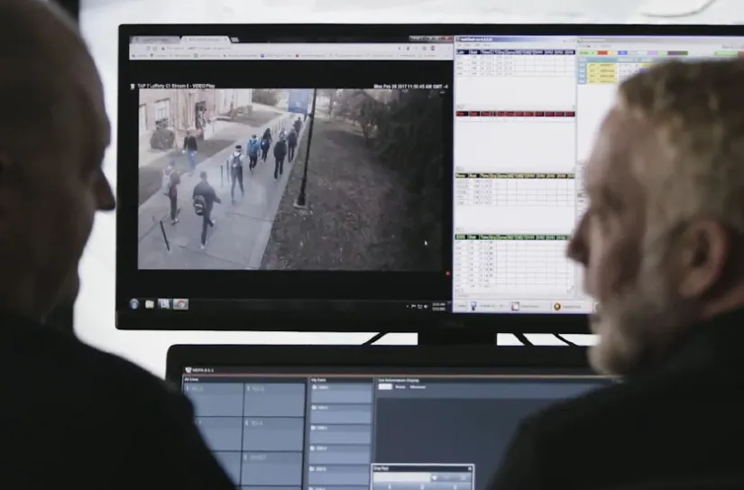 Security employees monitor school video feed