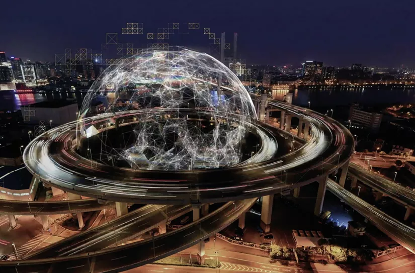 Time lapse of motorway at night with global net graphic overlaid.