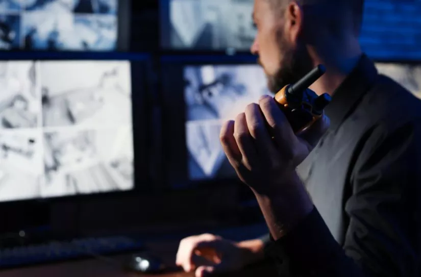 male security guard overlooking security monitoring system moitors