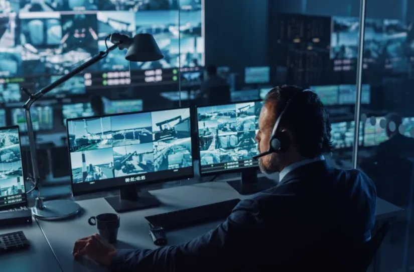 man watching over large security system monitors 