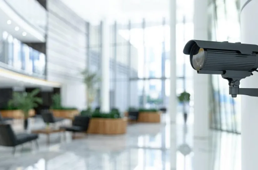 security camera installed on wall overlooking office setting 