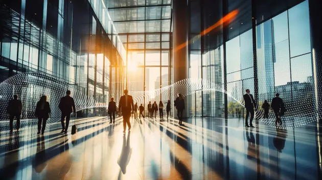 office workers walking through building with commercial security systems 