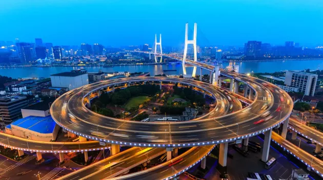 beautiful nanpu bridge at dusk,crosses huangpu river,shanghai,China