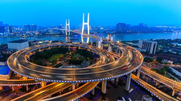 beautiful nanpu bridge at dusk,crosses huangpu river,shanghai,China