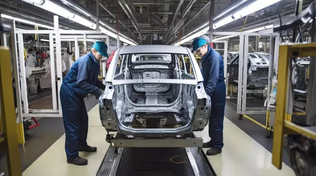 Workers on car production line in car factory, Generative AI