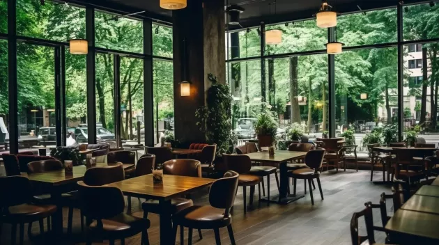 Large spacious empty cafe or restaurant with huge windows overlooking the garden.