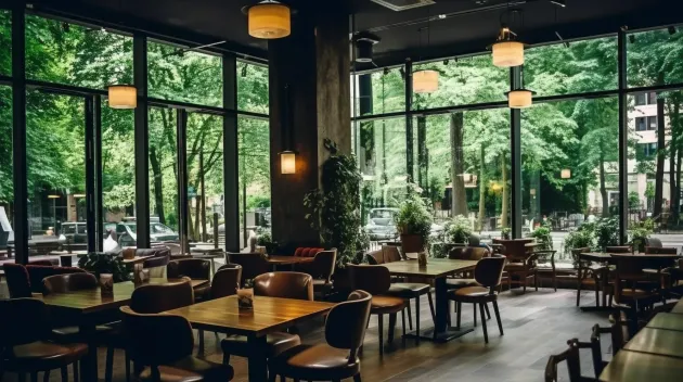 Large spacious empty cafe or restaurant with huge windows overlooking the garden.