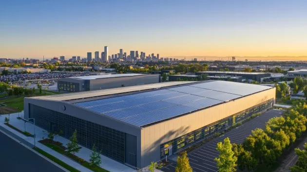 Aerial view of modern data center facility exterior, with solar panels on the roof and green space around it. The building is large in size, featuring sleek grey metal cladding and glass windows that showcase its interior tech equipment. In front of the structure stands an empty parking lot surrounded by trees, while the background shows other buildings and the city skyline under clear blue skies during golden hour. --ar 3:2 --quality 2 --v 6.1 Job ID: dcb08744-a35a-47be-bf95-20bc2b7a7922