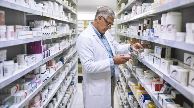 Pharmacy, medicine and search with man at shelf in drug store for thinking, inspection and inventory. Medical, healthcare and pills with senior male pharmacist for expert, wellness and product.