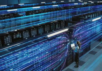 Modern data center with rows of servers supporting cloud security services and secure data storage infrastructure.