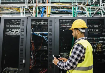 Young technician man working inside big data center room - Focus on face