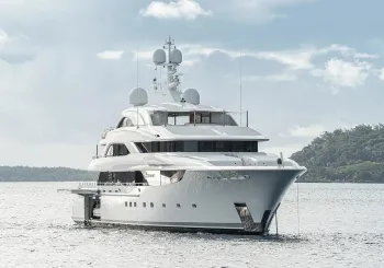 White superyacht at anchor in famous bay in Bora Bora, French Polynesia