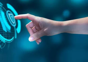 Hand reaches toward holographic interface