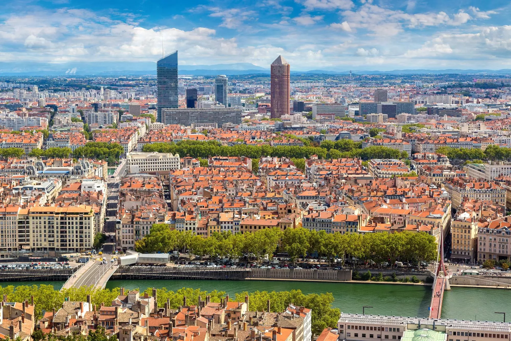 Aerial panoramic view of Lyon, France in a beautiful summer day