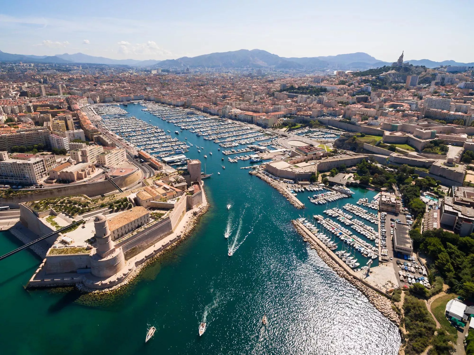 Aerial view of Marseille pier - Vieux Port, Saint Jean castle, and mucem in south of France