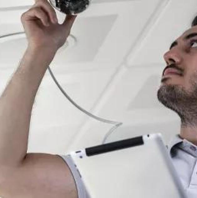 Securitas technician installing a security camera